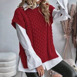 Red Casual Women's Round Neck Loose Knit Sweater Vest